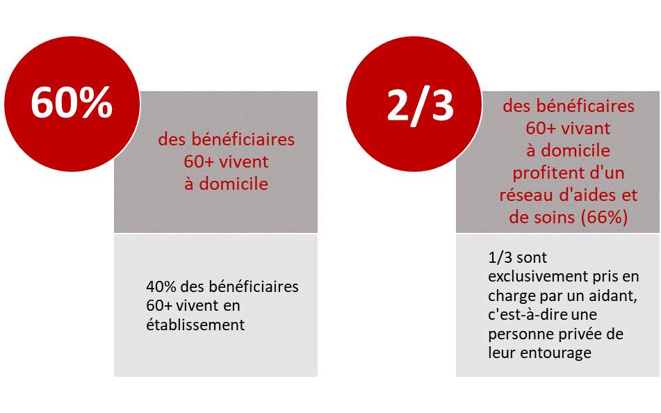 60% des bénéficiaires 60 plus vivent à domicile. 40% des bénéficiaires 60 plus vivent en établissement. Deux tiers des bénéficiaires 60 plus vivant à domicile profitent d'un réseau d'aides et de soins (66%). Un tiers sont exclusivement pris en charge par un aidant, c'est-à-dire une personne privée de leur entourage.