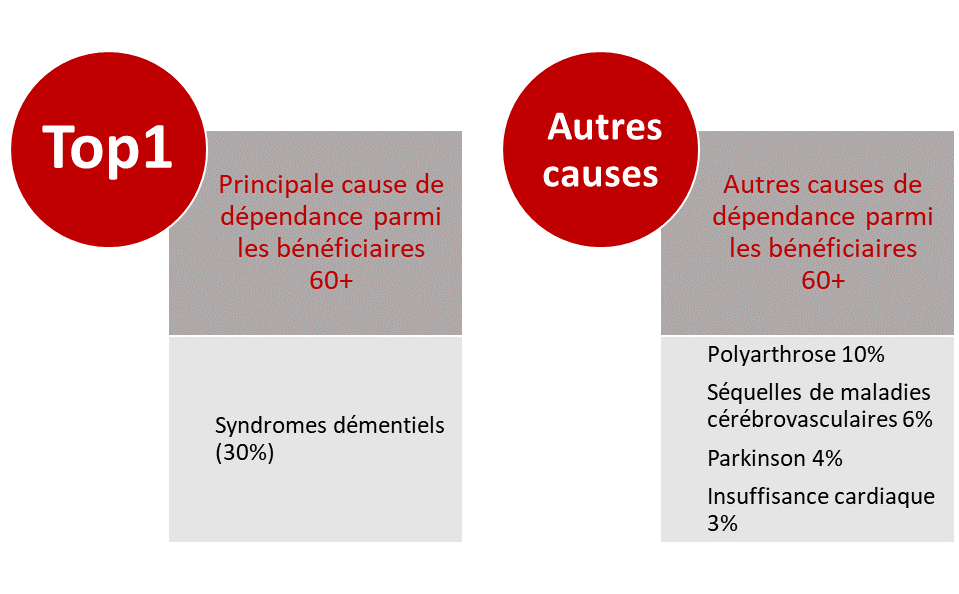Les syndromes démentiels sont la cause principale de dépendance parmi les bénéficiaires 60 plus (30%). Autres causes de dépendance parmi les bénéficiaires 60 plus : Polyarthrose 10% Séquelles de maladies cérébrovasculaires 6% Parkinson 4% Insuffisance cardiaque 3%.
