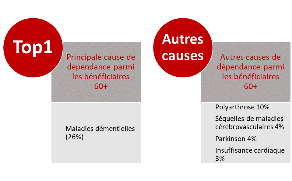 Les maladies démentielles sont la cause principale de dépendance parmi les bénéficiaires 60 plus (26%). Autres causes de dépendance parmi les bénéficiaires 60 plus : Polyarthrose 10% Séquelles de maladies cérébrovasculaires 4% Parkinson 4% Insuffisance cardiaque 3%