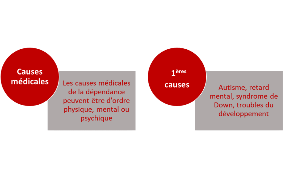 Les causes médicales de la dépendance peuvent être d'ordre physique, mental ou psychique. Parmi les 1ères causes de dépendance figurent l'autisme, le retard mental, le syndrome de Down et les troubles du développement.