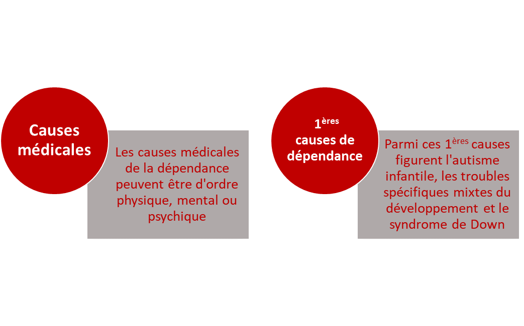 Les causes médicales de la dépendance peuvent être d'ordre physique, mental ou psychique. Parmi les 1ères causes de dépendance figurent l'autisme infantile, les troubles spécifiques mixtes du développement et le syndrome de Down.