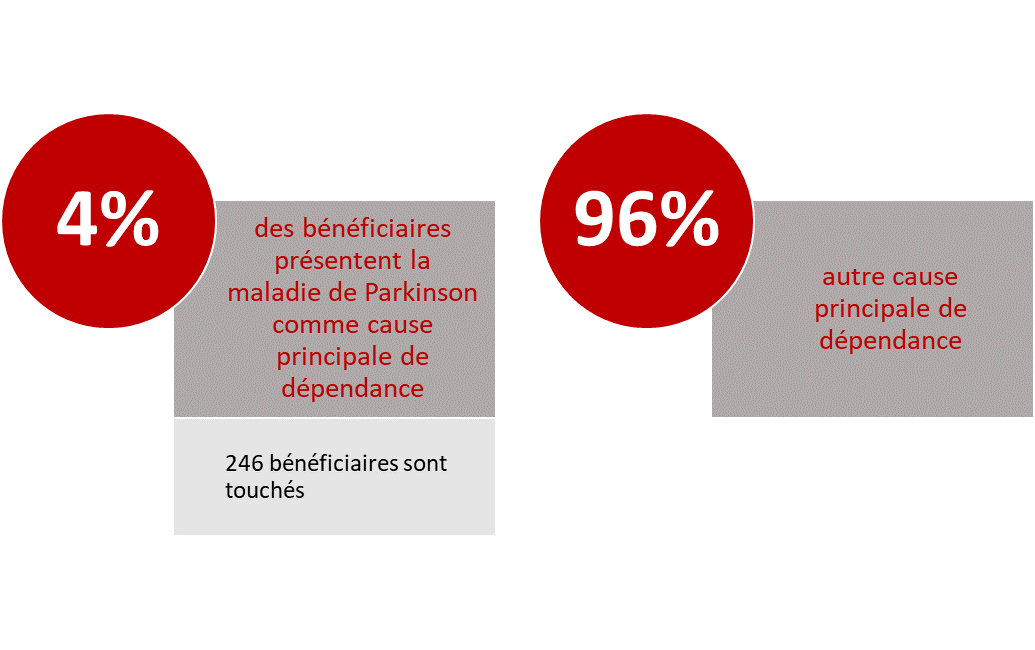 4% des bénéficiaires présentent la maladie de Parkinson comme cause principale de dépendance. 246 bénéficiaires sont touchés. 96% présentent une autre cause principale de dépendance.