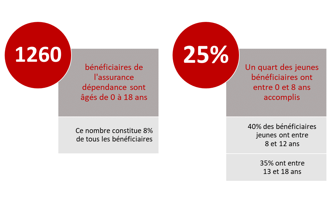 1260 bénéficiaires de l’assurance dépendance sont âgés entre 0 et 18 ans. Ce nombre constitue 8% de tous les bénéficiaires.Un quart des jeunes bénéficiaires ont entre 0 et 8 ans accomplis. 40% des jeunes bénéficiaires ont entre 8 et 12 ans. 35% ont entre 13 et 18 ans.