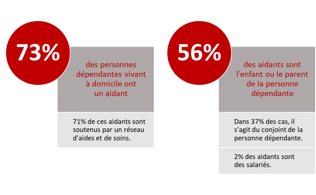 73% des personnes dépendantes vivant à domicile ont un aidant. 71% de ces aidants sont soutenus par un réseau d’aides et de soins.  56% des aidants sont l’enfant ou le parent de la personne dépendante. Dans 37% des cas, il s’agit du conjoint de la personne dépendante. 2% des aidants sont des salariés.