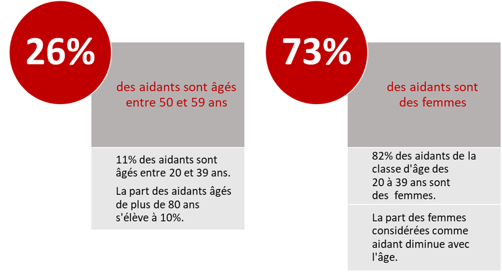 26% des aidants sont âgés entre 50 et 59 ans. 11% des aidants sont âgés entre 20 et 39 ans. La part des aidants âgés de plus de 80 ans s’élève à 10%. 73% des aidants sont des femmes. 82% des aidants de la classe d’âge des 20 à 39 ans sont des femmes. La part des femmes considérées comme aidant diminue avec l’âge.